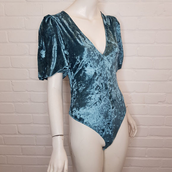 Tops - Free People Dont You Wish Velvet Bodysuit Medium UK 12 Teal V Neck Glam BN